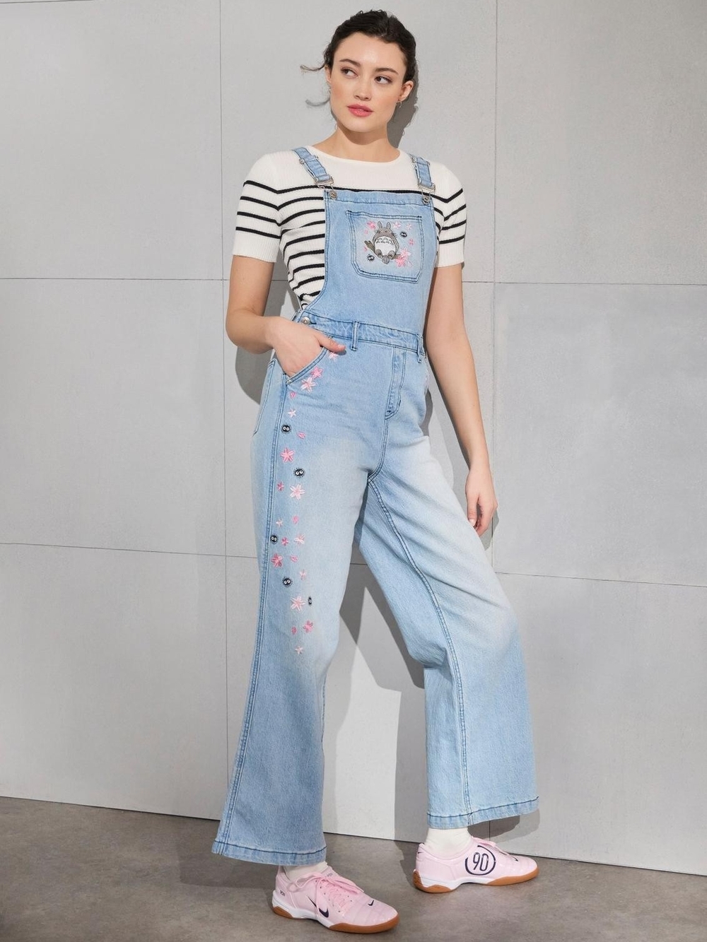 Light Blue Embroidered Denim Overalls Totoro